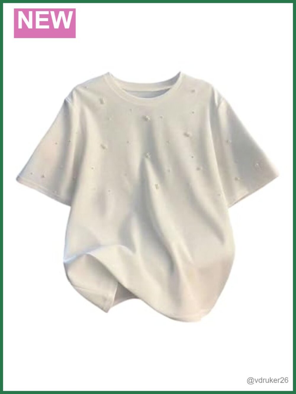 Pearl Beaded Top Crew Neck Short Sleeve Dressy T-Shirt